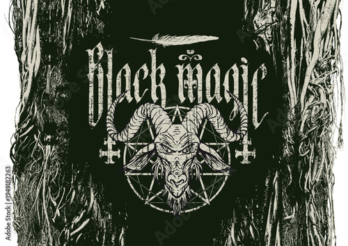 A hand-drawn banner featuring a pentagram, inverted crosses and the words "Black Magic" in Gothic font on a wood background. Satanism, occult witchcraft. Design for a T-shirt, album cover, flyer. 