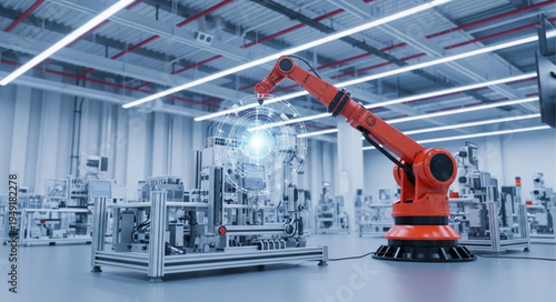 Industrial robotic arm working in a modern factory assembly line.