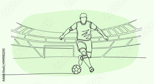 Soccer Player Kicking Ball in Stadium Line Drawing.