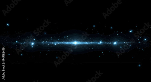 A panoramic view of a glowing blue spiral galaxy stretching across the deep darkness of outer space