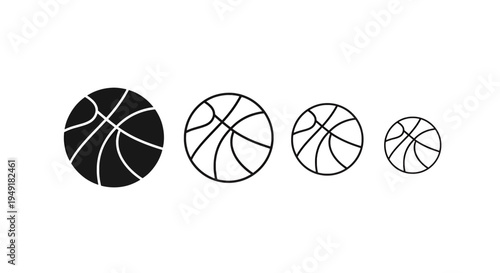 A collection of four basketball icons featuring a solid black ball and three empty line art balls