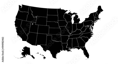 A detailed black silhouette map showing the individual state borders of the united states of america