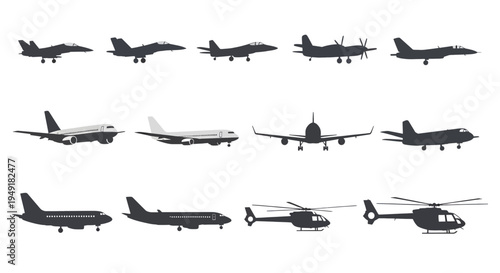 A collection of various military fighter jets commercial passenger airplanes and transport helicopters