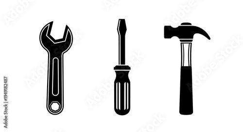 Tools Set Wrench, Screwdriver, and Hammer Icons