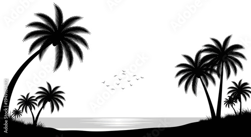 Black silhouette of multiple palm trees on a tropical beach with birds flying in the bright sky