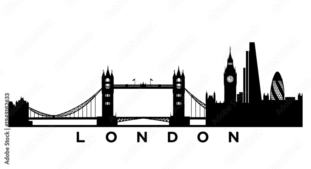 Obraz premium Black silhouette of the london city skyline featuring the iconic tower bridge and big ben clock