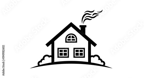 A black and white graphic illustration of a cozy cottage house with smoke rising from the chimney