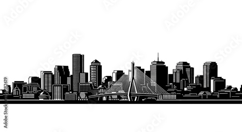 A detailed black silhouette skyline of the city of boston featuring the iconic zakim bridge design