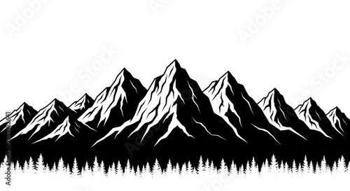 A majestic mountain range landscape featuring sharp peaks and a dense forest of pine tree silhouettes