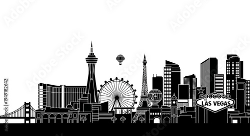 Black and white silhouette illustration featuring the iconic las vegas city skyline and landmarks
