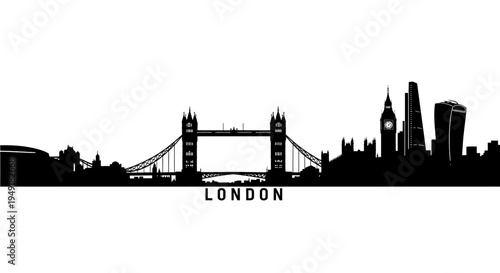 A detailed black silhouette skyline of the iconic city of london featuring famous landmarks