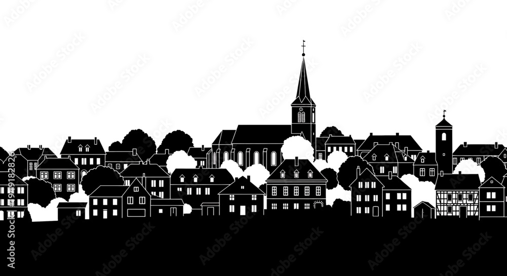 Fototapeta premium Black silhouette of a traditional european town landscape with a church steeple and old houses