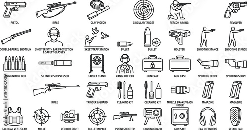 Set of black line icons representing shooting sports and firearm activities, including a pistol, rifle, clay pigeon shooting, a target, and a person aiming a weapon