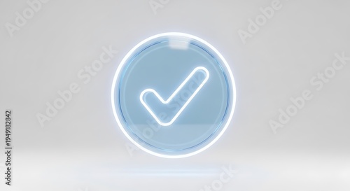 A glowing neon checkmark sign encased in a transparent glass sphere against a soft white background
