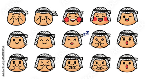 Middle Eastern Emotions Cartoon Vector Set: Arabic Keffiyeh Emoji Faces