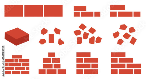Flat Design Bricks and Brickwork Construction Elements Vector Illustration