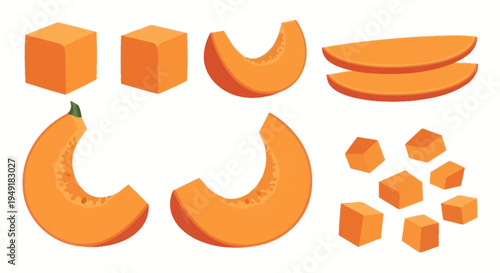 Flat Vector Illustration of Pumpkin and Squash Slices and Cubes for Food Industry Concepts