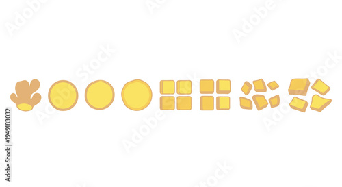 Culinary Ginger Preparation Flat Vector Illustration: Root, Slices, Diced, and Chopped