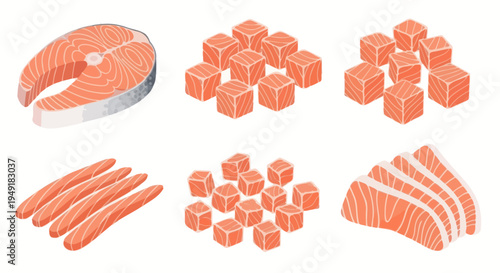 Flat Vector Illustration of Salmon Cuts: Steak, Fillets, Cubes, and Strips for Food Industry