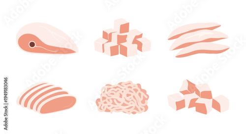 Fresh Raw Meat Food Cuts and Shapes, Flat Vector Illustration