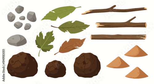 Natural Elements Vector Set: Rocks, Leaves, Sticks, and Sand