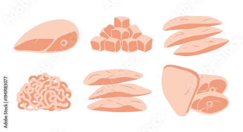 Flat Style Illustration of Raw Chicken Cuts: Breast, Cubes, Mince, and Thighs