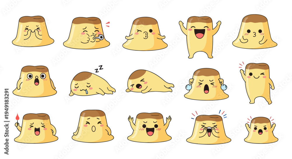 Fototapeta premium Cute Pudding Characters with Various Emotions, Vector Stock Art