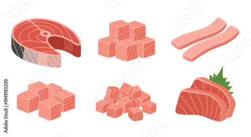 Flat Design Illustration of Fresh Salmon Cuts for Food and Cooking