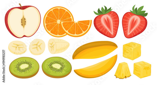 Flat Design Fruits Collection: Apple, Orange, Strawberry, Kiwi, Banana, Mango, Pineapple, Cubes