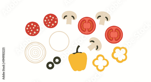 Flat vector illustration of pizza toppings: salami, mushrooms, tomatoes, onion, pepper