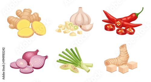 Flat Vector Collection of Asian Spices: Ginger, Garlic, Chili, Onion, Lemongrass, Galangal