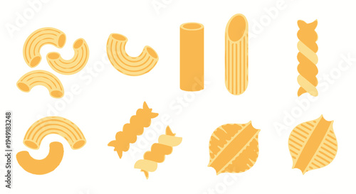 Flat Illustration of Various Pasta Shapes in Orange and Yellow Tones