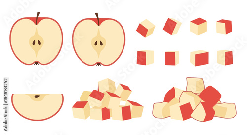 Flat Design Apple Halves, Slices, and Cubes Vector Illustration