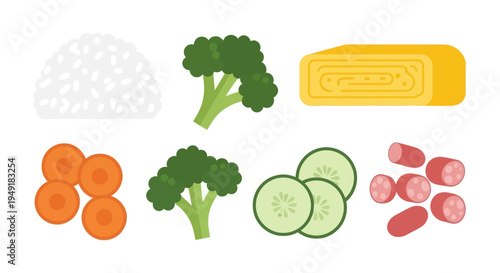 Flat Style Food Icons: Rice, Broccoli, Egg Roll, Carrots, Cucumber, Sausage