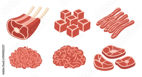 Isometric Meat Cuts Vector Icons - Lamb Chops, Ground, Steak