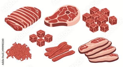 Assortment of Raw Meat Cuts: Steak, Bacon, Ground Meat, Cubes