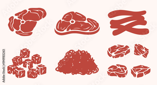 Flat Illustration of Various Raw Meat Cuts and Minced Meat