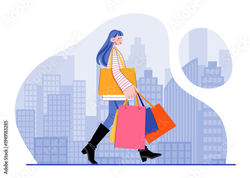Happy Woman with Shopping Bags Walks in City Scene
