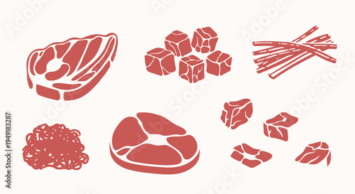 Assorted Raw Meat Cuts Vector Illustration - Flat Style Food Asset