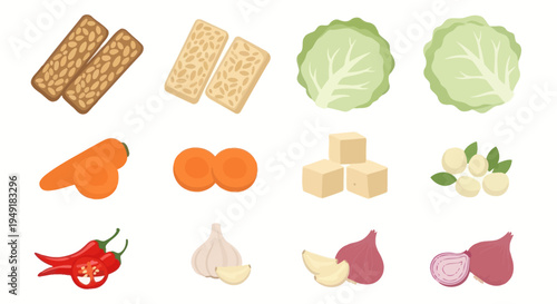Flat Icon Set of Fresh Vegetables and Ingredients for Cooking