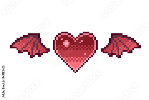 ドット絵　ハートとコウモリの羽のかわいい装飾イラスト　ピクセルアート　悪魔　デコレーション　翼