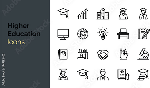 Academic and university life icons representing graduation ceremonies student learning and campus facilities