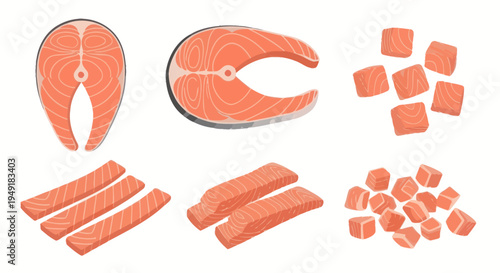 Flat Salmon Fish Cuts, Steaks, Cubes Illustration