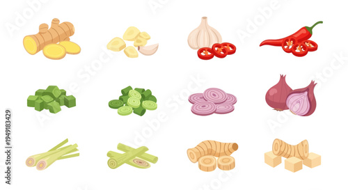 Flat Design Vector Illustration of Asian Cooking Ingredients Collection