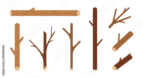Flat Design Vector Illustration of Assorted Wooden Branches and Logs