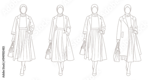 Fashion illustration of women in hijabs and elegant outfits, line art
