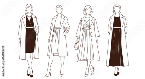 Fashionable women in long coats and dresses, line art