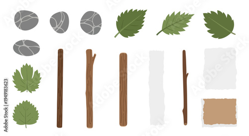 Flat Design Nature Elements: Leaves, Rocks, Sticks, Paper - Stock Graphics