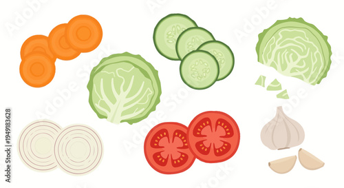 Flat Design Vegetables: Carrots, Cabbage, Cucumber, Tomato, Onion, Garlic