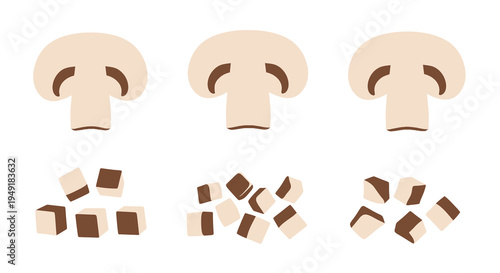 Flat Vector Illustration of Sliced Mushrooms and Diced Mushrooms